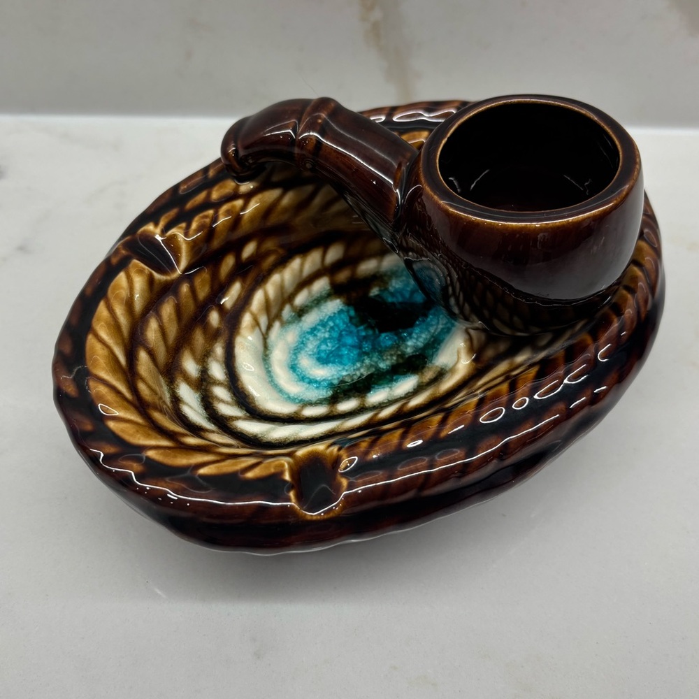 Vintage Ceramic Ashtray Pipe Holder Glazed Brown Beige Turquoise 1950s Japan